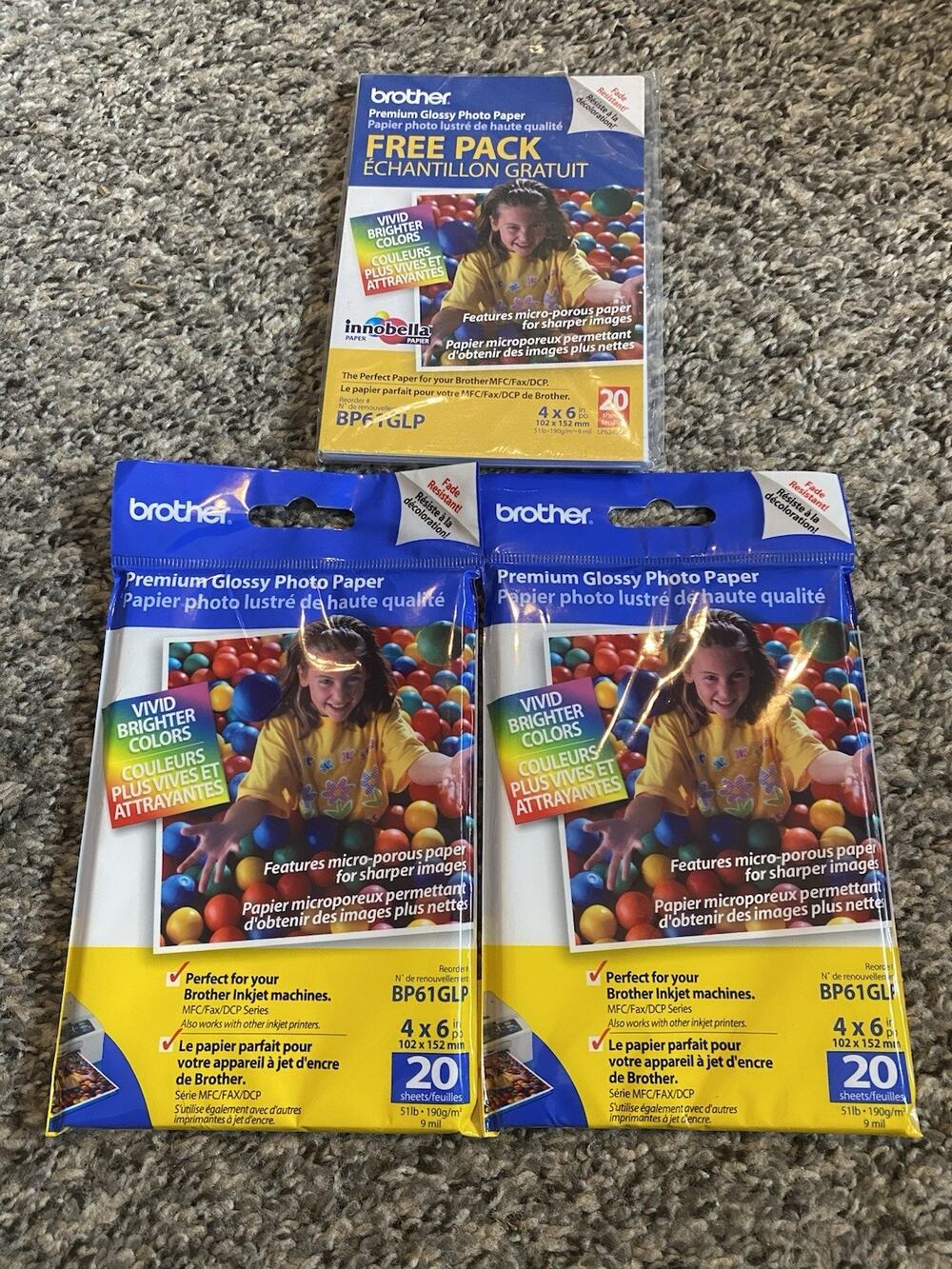 Photo Paper - 4" x 6" 3 Pack = 60 sheets Genuine Brother Premium Glossy - NOS